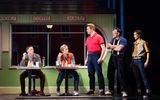 BACK TO THE FUTURE The Musical UK Tour. James Oliver (George McFly) , Axel Duffy (Marty McFly), Toby Shellard (Biff Tannen), Ste